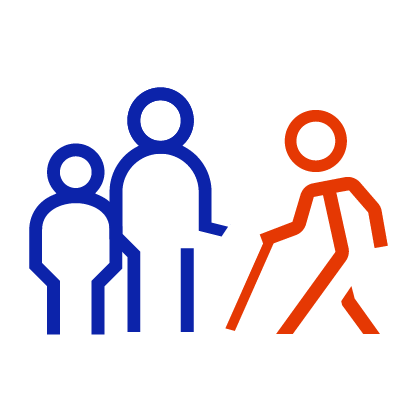 Ein blau-orangefarbenes Symbol einer Person, die mit einem Stock geht.